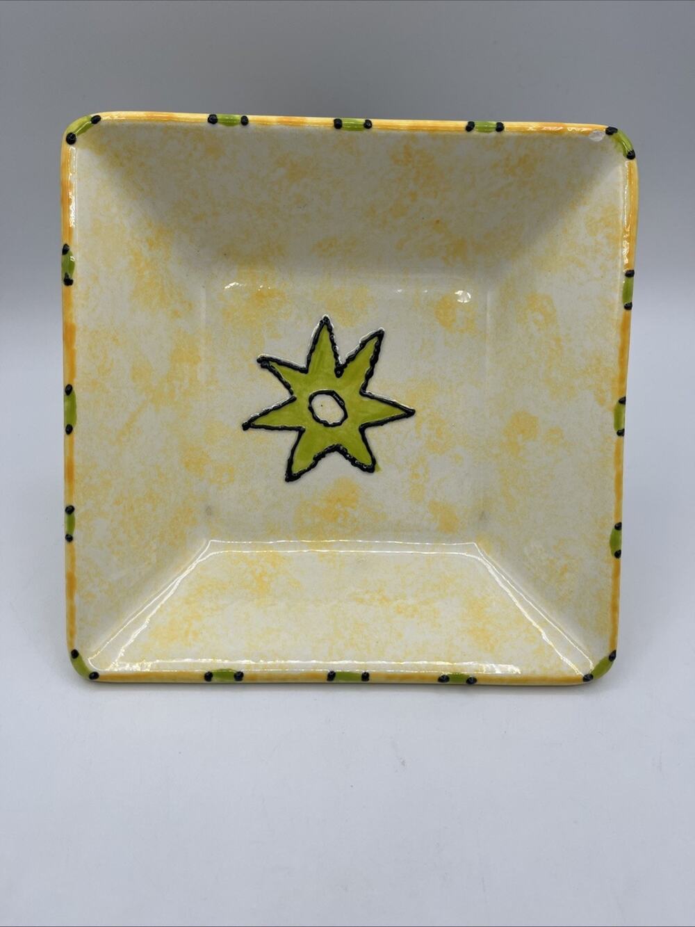 Hand Painted Ceramic Spanish Trinket Dish 8" Square Yellow/Orange, Pre-owned